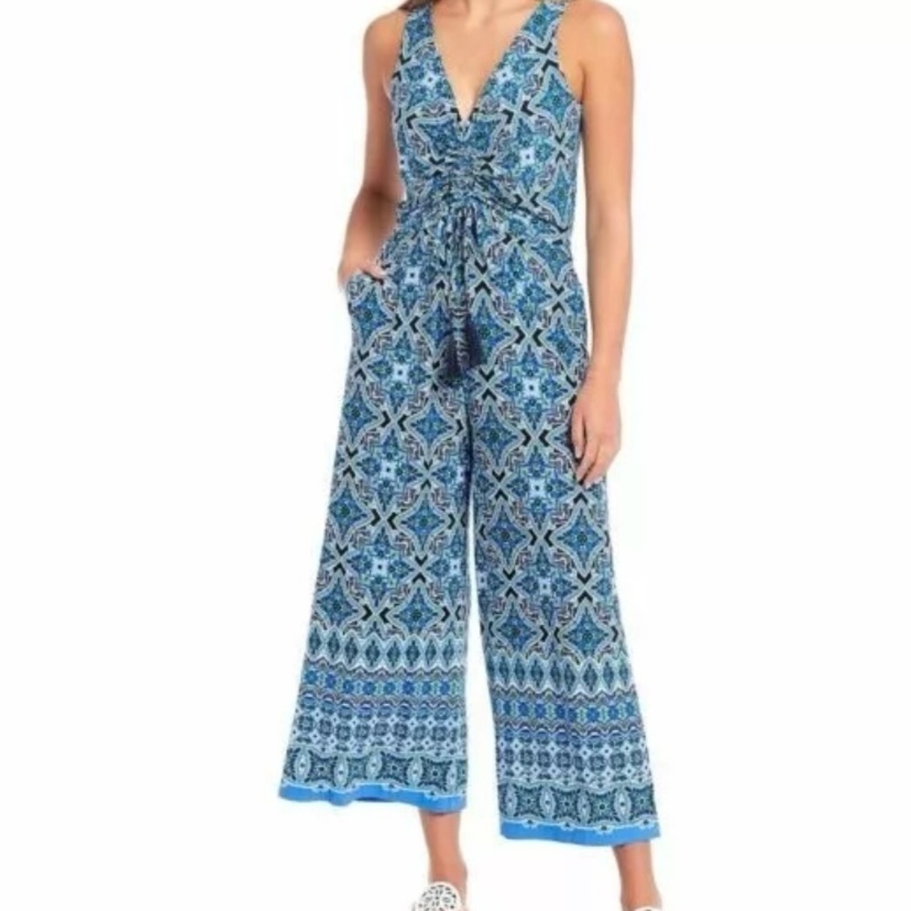 Tommy Bahama Nassau Print Tassel Jumpsuit Rouched Wide Leg Sz XL Stretch Resort - Picture 2 of 15